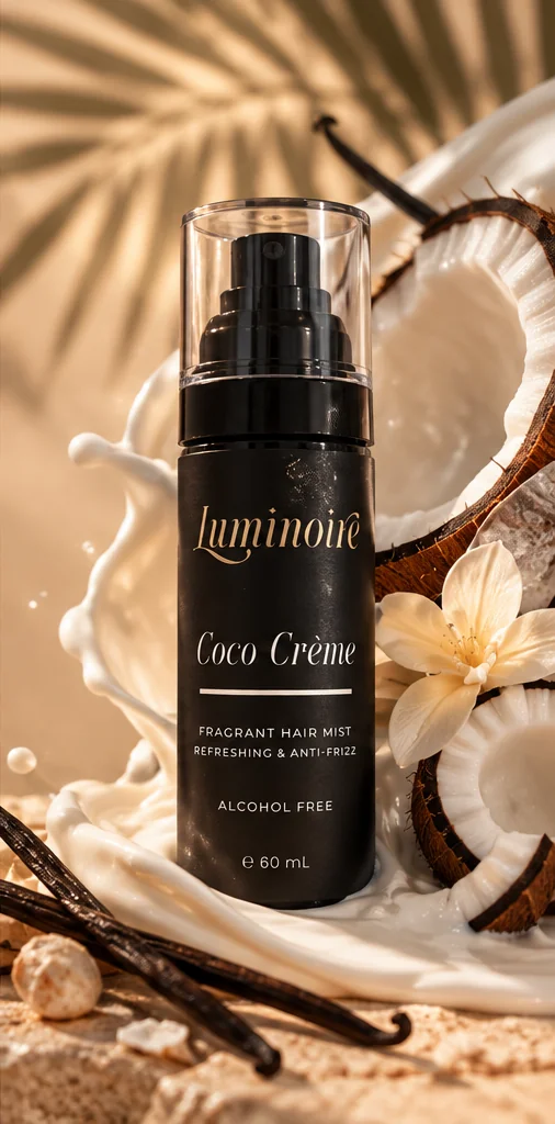 Luminoire Coco Crème black hair mist bottle with an ivory accent, photographed beside coconut and white flowers.