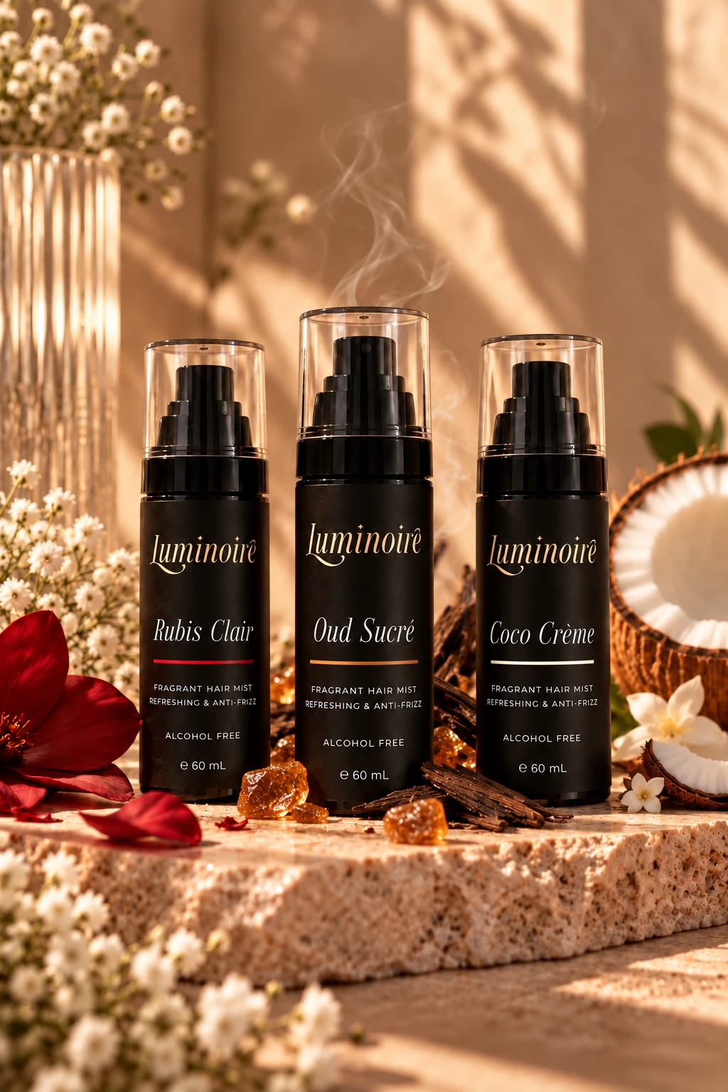 The three Luminoire hair mists — Rubis Clair, Oud Sucré, and Coco Crème — together in warm light on a stone surface.