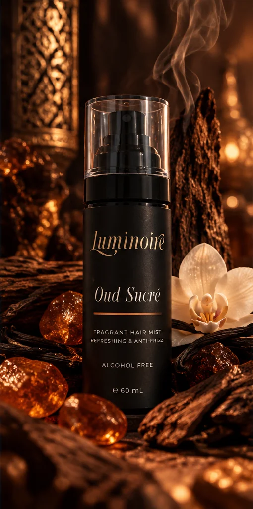 Luminoire Oud Sucré black hair mist bottle with a copper accent, photographed in warm amber light among wood and amber-colored stones.