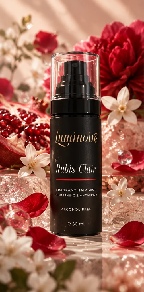 Luminoire Rubis Clair black hair mist bottle with a ruby-red accent, photographed among red petals and pale flowers.